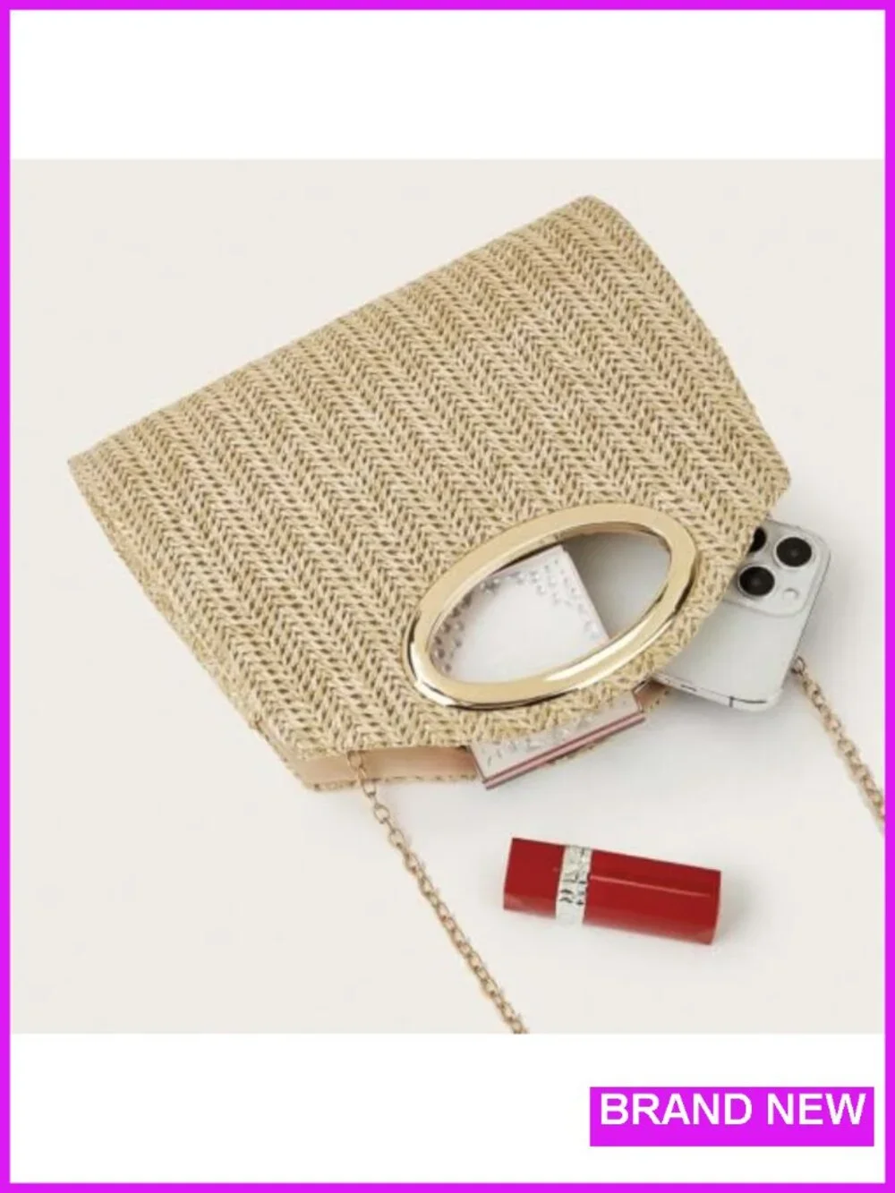 Women Straw Clutch Purse Evening Handbag Woven Ring Handle - New